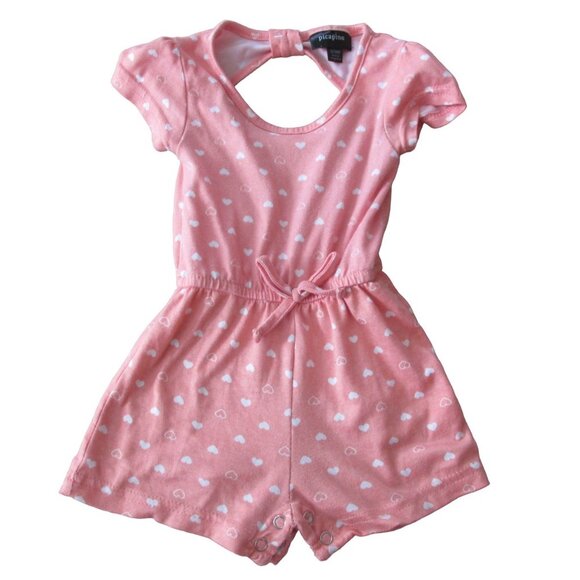 Picapino Romper Girls Size 6-9M Pink Coral White Short Sleeve Heart Keyhole Back - Picture 1 of 8